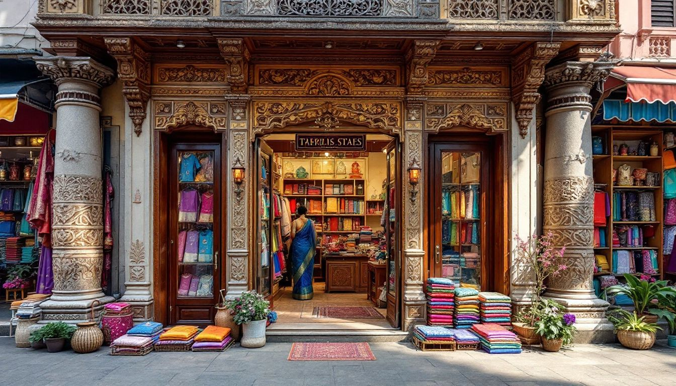 2bdea615 3ed9 45ab 9c06 1c357130b411 A traditional saree retail store showcasing a variety of sarees.