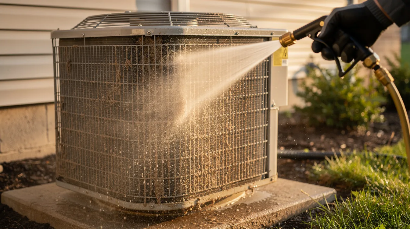A skilled technician is cleaning an outdoor air conditioning unit with low-pressure water, ensuring the system remains efficient and free of dirt and debris. This maintenance helps prevent air conditioning problems and contributes to the longevity of the cooling system.