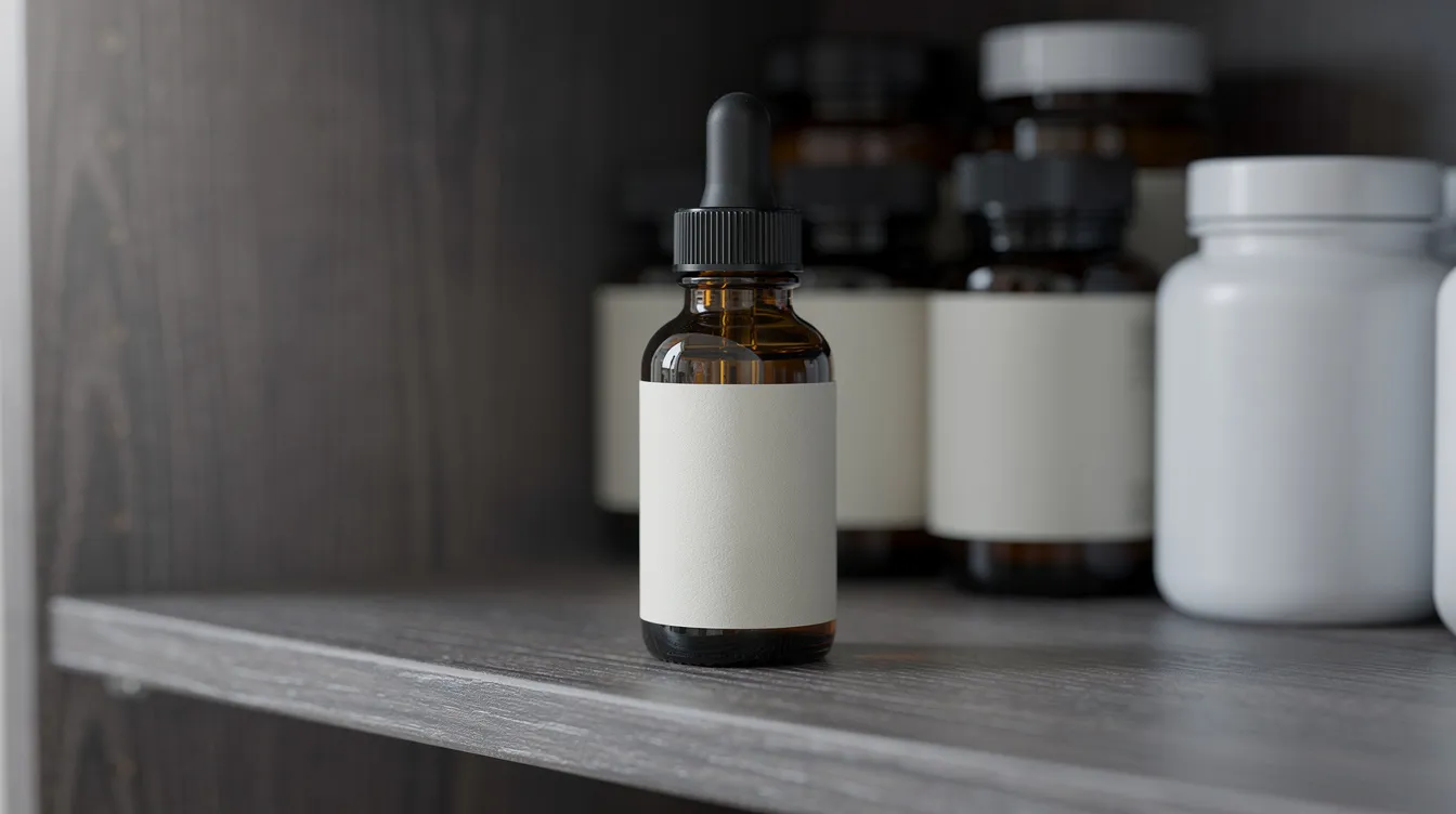 A dark amber glass dropper bottle of fresh CBD oil rests on a cool wooden pantry shelf, surrounded by other wellness supplements, indicating proper storage conditions that help maintain the oil's potency and shelf life. The dark glass protects the contents from UV light, ensuring the CBD oil remains effective and does not expire quickly.