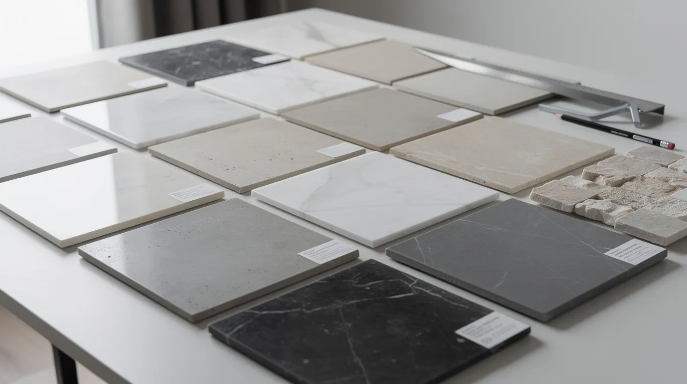 A close-up view of porcelain and natural stone tile samples displayed on a design table, showcasing a wide selection of materials including marble, slate, and travertine, perfect for various flooring and wall applications in modern homes. The tiles exhibit a range of colors and textures, highlighting their beauty and durability for high traffic areas like kitchens and bathrooms.