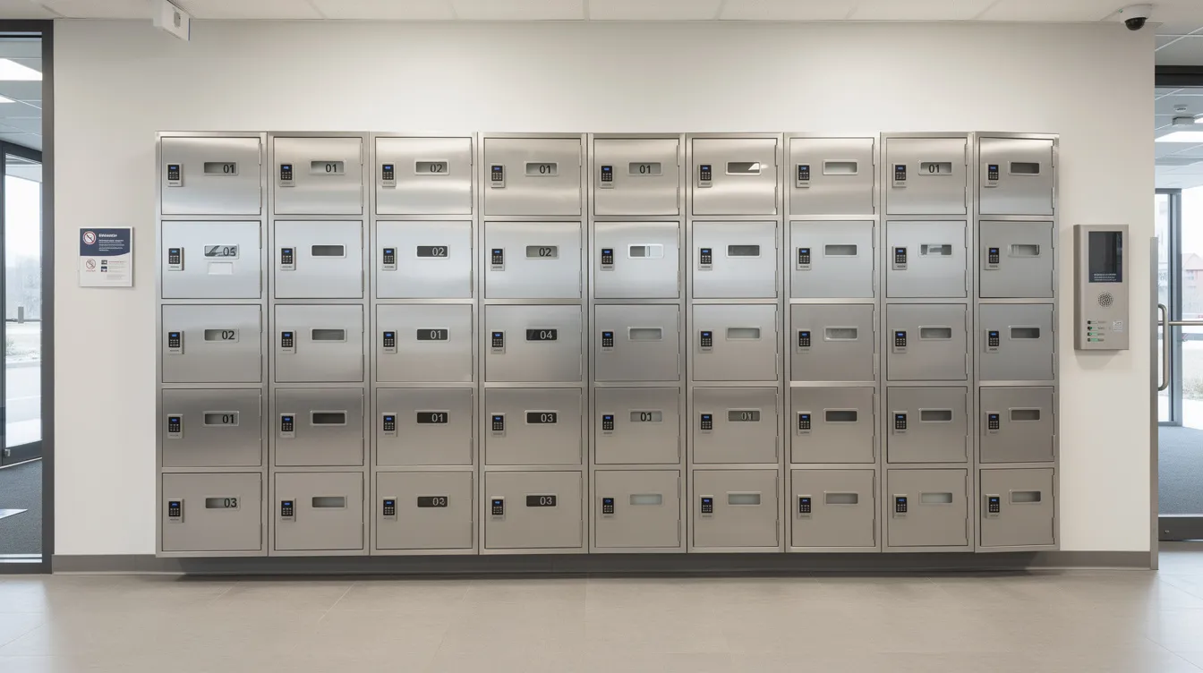 The image features a row of cell phone lockers mounted on a wall near a workplace entrance, each compartment equipped with a small door and keypad for secure storage of personal devices. These phone lockers provide enhanced security for employee devices, helping to manage sensitive information and reduce security risks in controlled environments like call centers and offices.