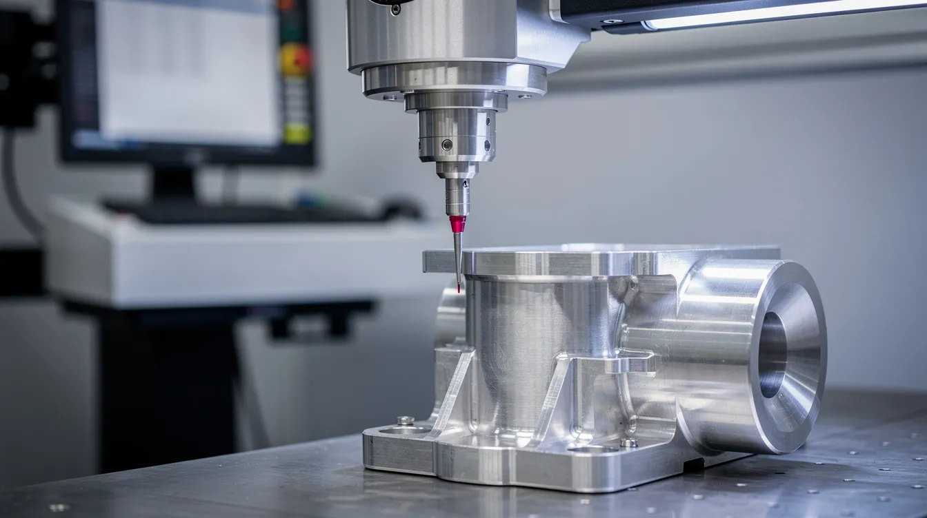 The image depicts a coordinate measuring machine in action, probing a precision machined stainless steel component to ensure tight tolerances and quality control. This process is essential in precision CNC machining, often utilized by leading CNC machining companies for producing high precision CNC machined parts.