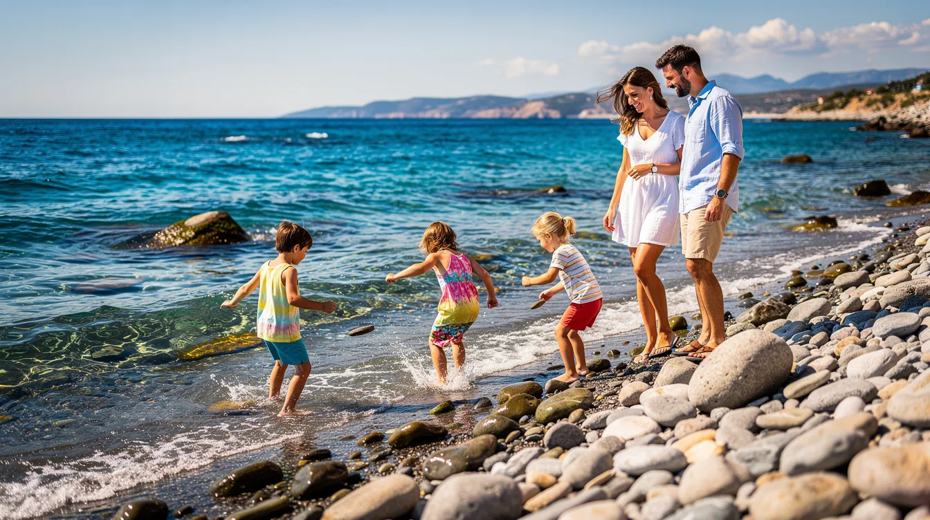Zdjęcie przedstawia rodzinę z dziećmi bawiącymi się na skalistej plaży, w tle widać czyste, niebieskie morze. Wszyscy wydają się szczęśliwi i cieszą się wspólnym czasem na świeżym powietrzu.