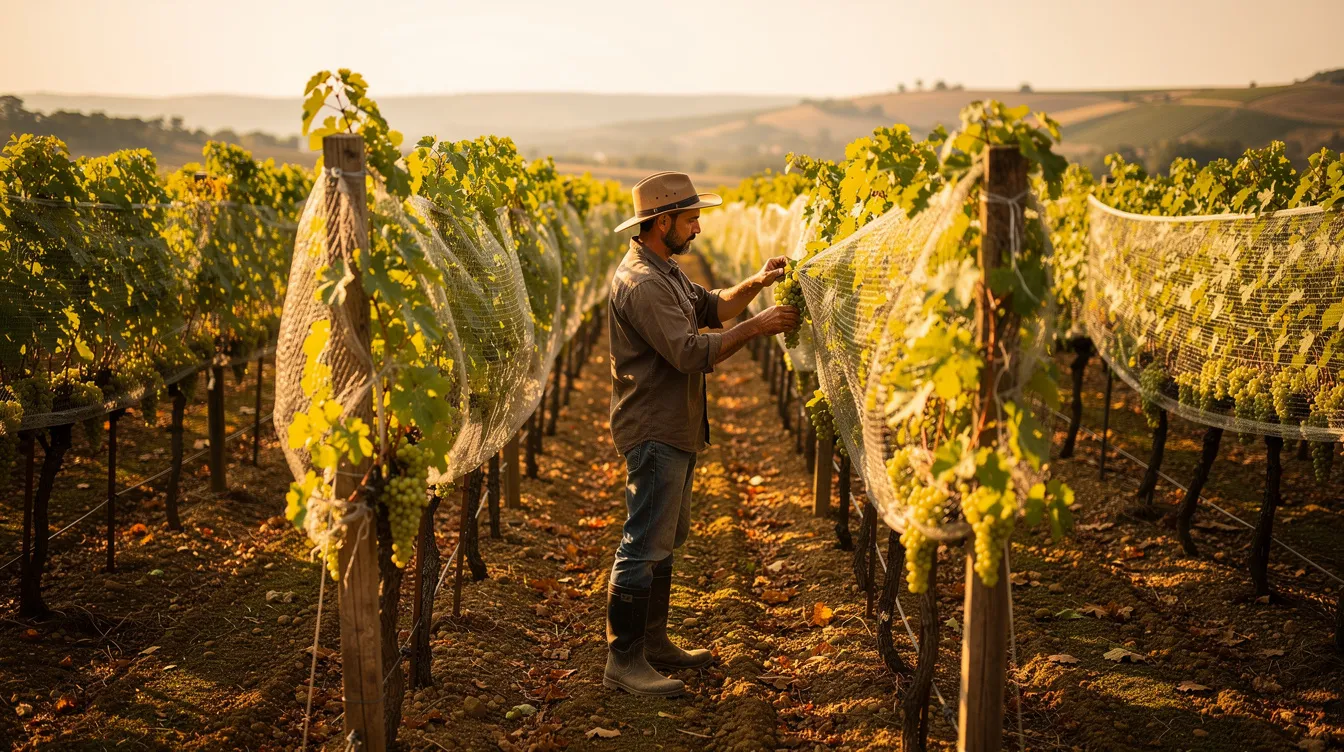 In the golden light of late afternoon, rows of grapevines stretch across the vineyard, where a worker is carefully adjusting bird netting over clusters of ripening grape berries, ensuring protection as they approach optimal ripeness for the upcoming harvest. The scene captures the essence of grape development, highlighting the important moment of veraison as the grapes transition in color and accumulate sugars.