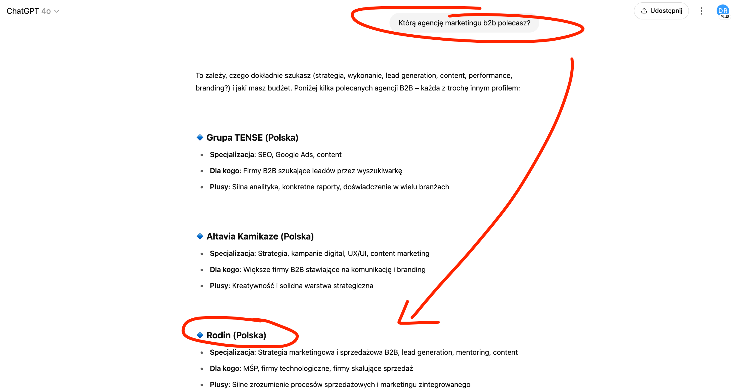 ChatGPT polecający Rodin.pl jako agencję marketingu B2B
