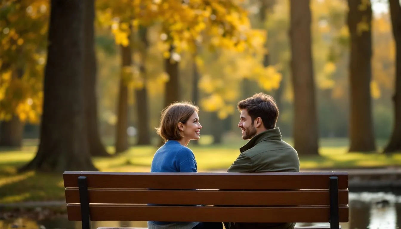 The image depicts two people sitting on a bench, engaged in a meaningful conversation that reflects emotional intimacy and the importance of mental health. Their discussion likely revolves around feelings of emptiness, coping strategies, and the significance of healthy relationships in navigating adult life.