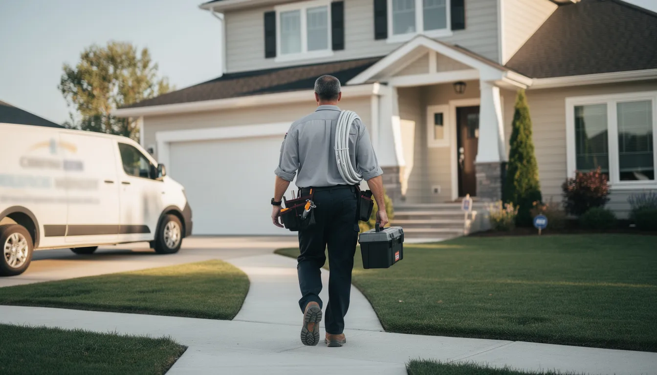 A service technician carrying installation equipment is walking towards a residential property, ready to provide professional DSTV installation services. This image highlights the skilled DSTV installers in Plumstead, prepared to ensure optimal signal reception and customer satisfaction.