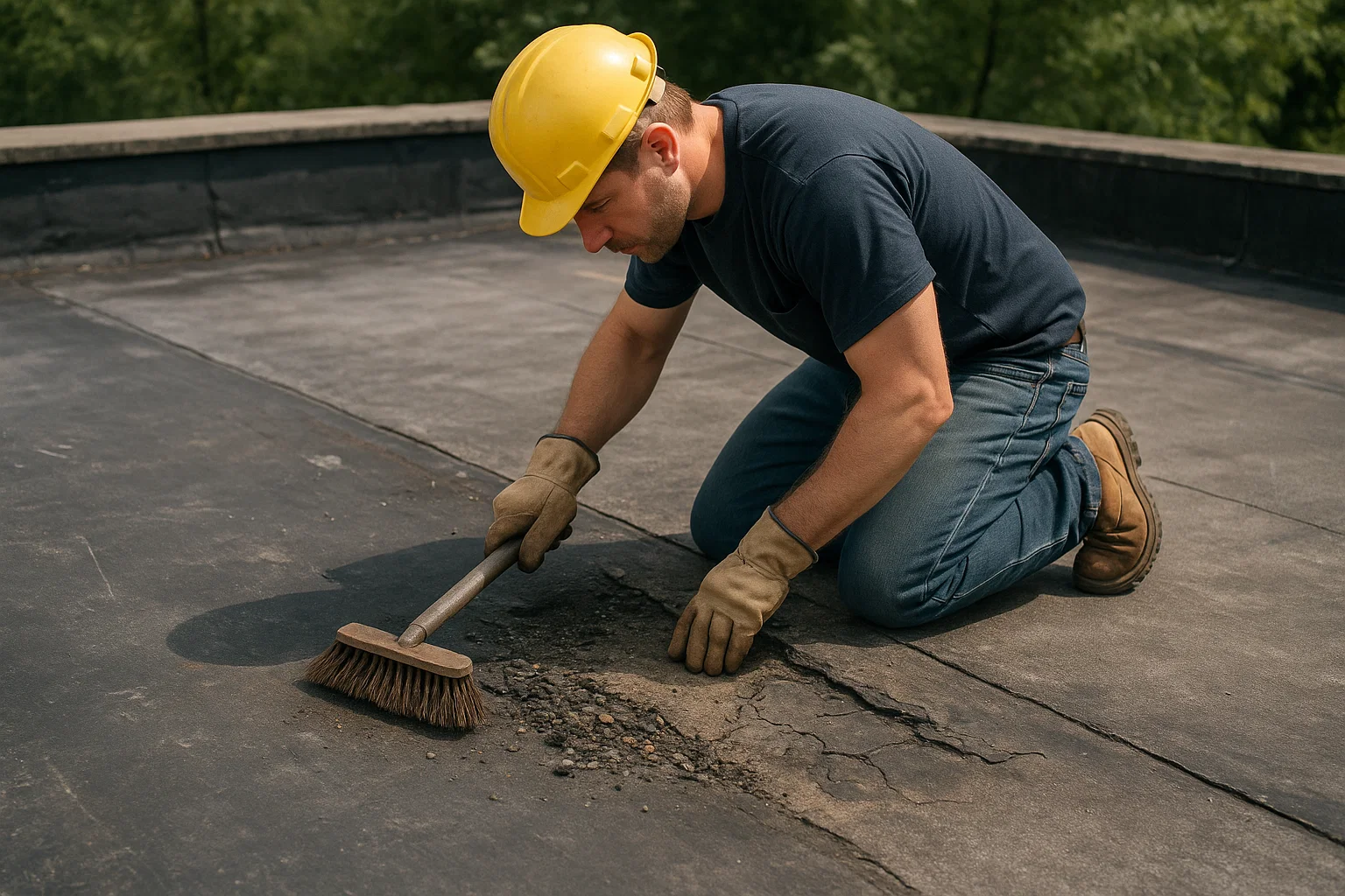 Flat roof being cleaned and prepared for commercial repair work.