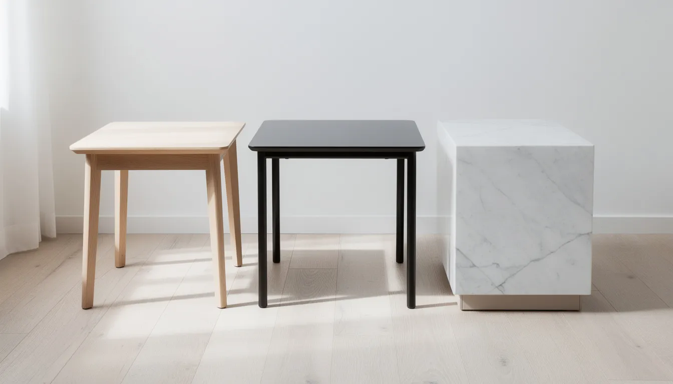Tre olika sidobord står uppställda bredvid varandra: ett i ljust trä, ett i svart metall och ett med en marmorskiva. Dessa avlastningsbord erbjuder olika material och stilar, vilket gör dem perfekta för att passa in i olika rum i hemmet.