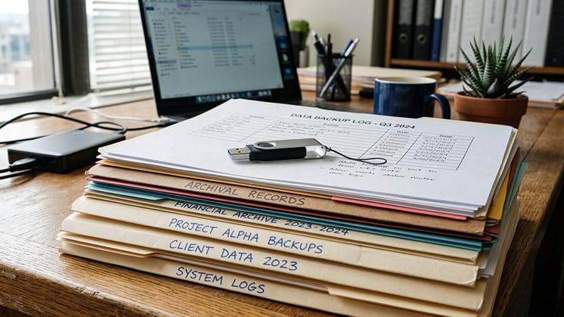 A USB drive on top of archival records