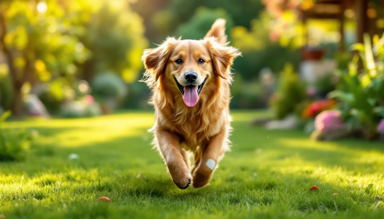 A joyful dog is playing in a sunny yard, showcasing its newfound energy after effective pain relief treatment. The image captures the dog