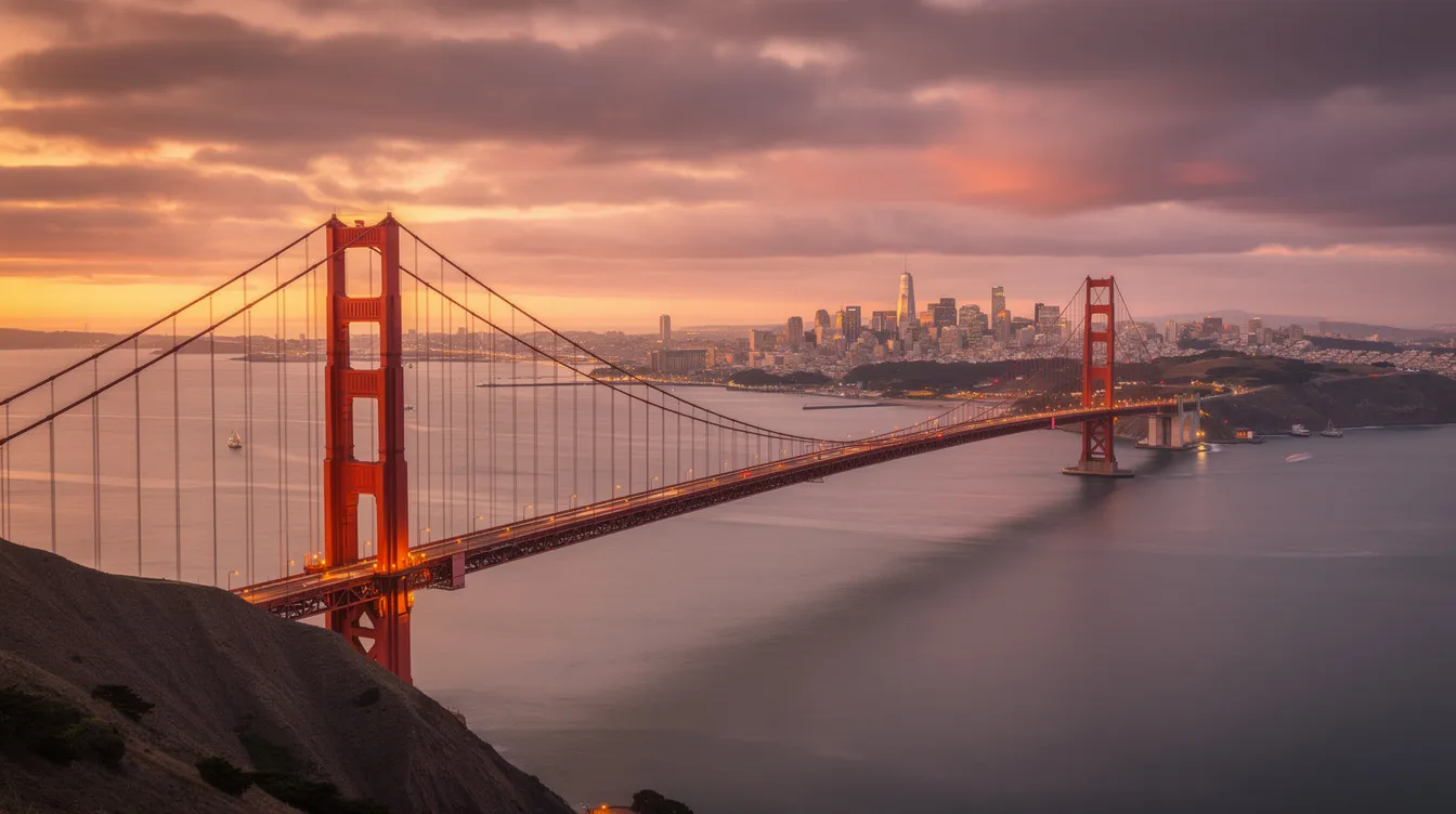 California bridge and skyline at sunset.