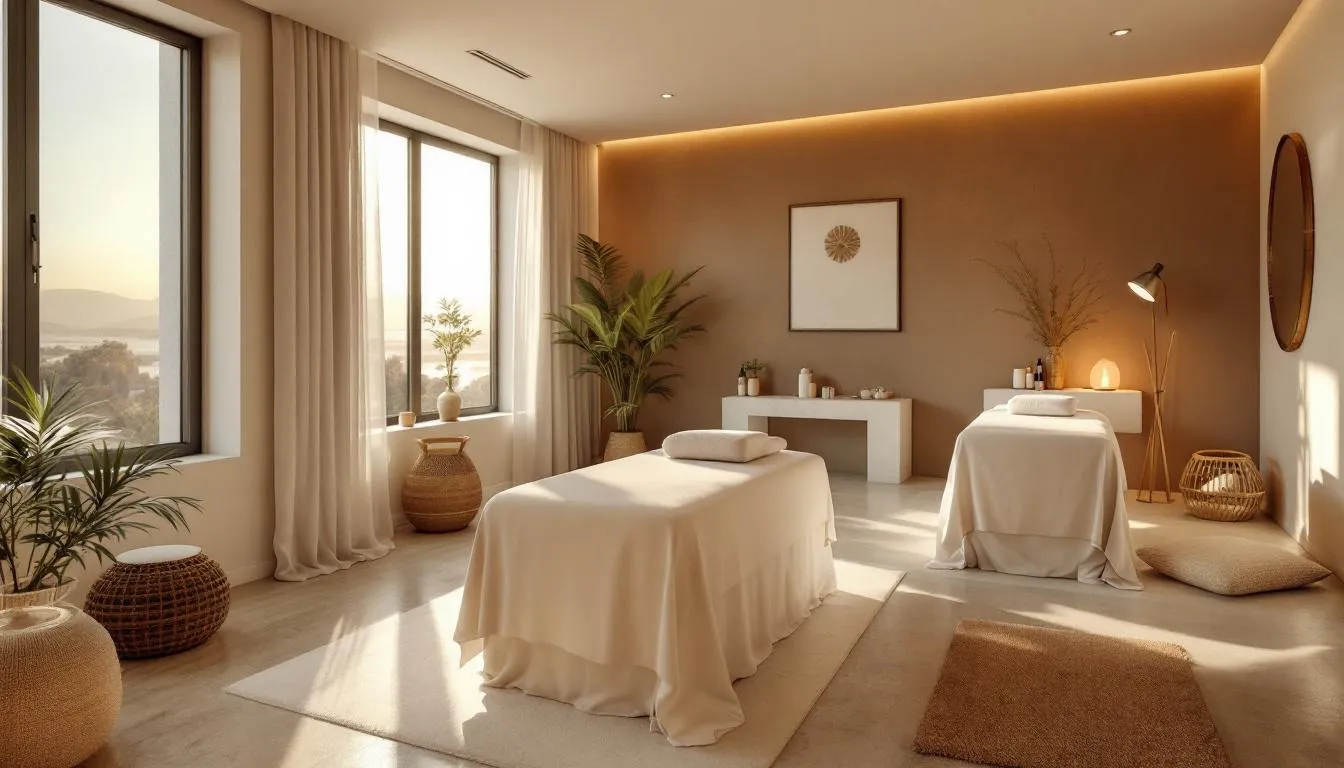 A serene spa room featuring two massage tables adorned with soft linens and surrounded by calming wellness amenities, creating an inviting atmosphere for spa treatments. This tranquil space is ideal for guests seeking relaxation and rejuvenation as part of hotel packages or spa packages.