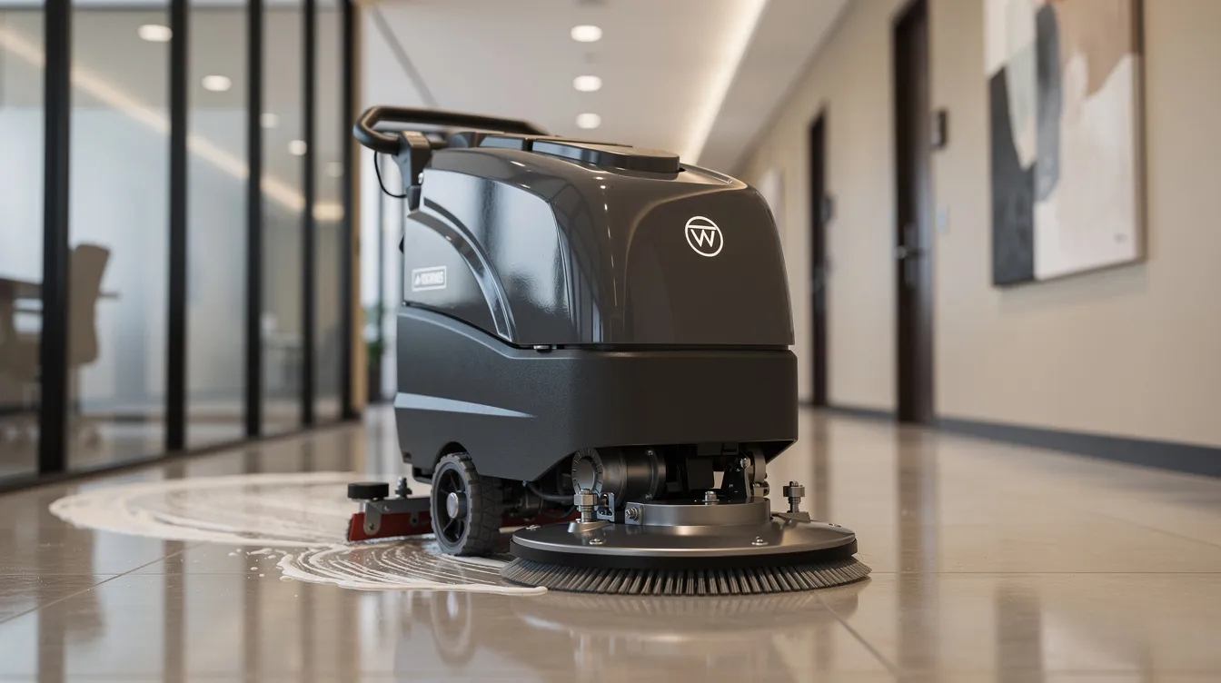 A professional floor cleaning machine is seen operating in a modern office corridor, showcasing efficient office cleaning services. The machine effectively removes dirt from the commercial carpet, ensuring high cleanliness standards in this high traffic area.