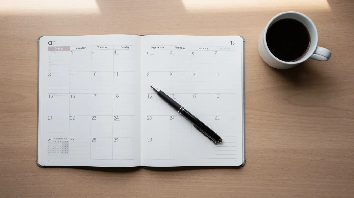 Une vue plongeante d'un calendrier mensuel sur un bureau, accompagné d'un stylo et d'une tasse de café, symbolisant l'organisation et la gestion des émotions au travail. Cette image évoque l'importance de l'intelligence émotionnelle dans le quotidien des équipes et des managers pour améliorer la performance.