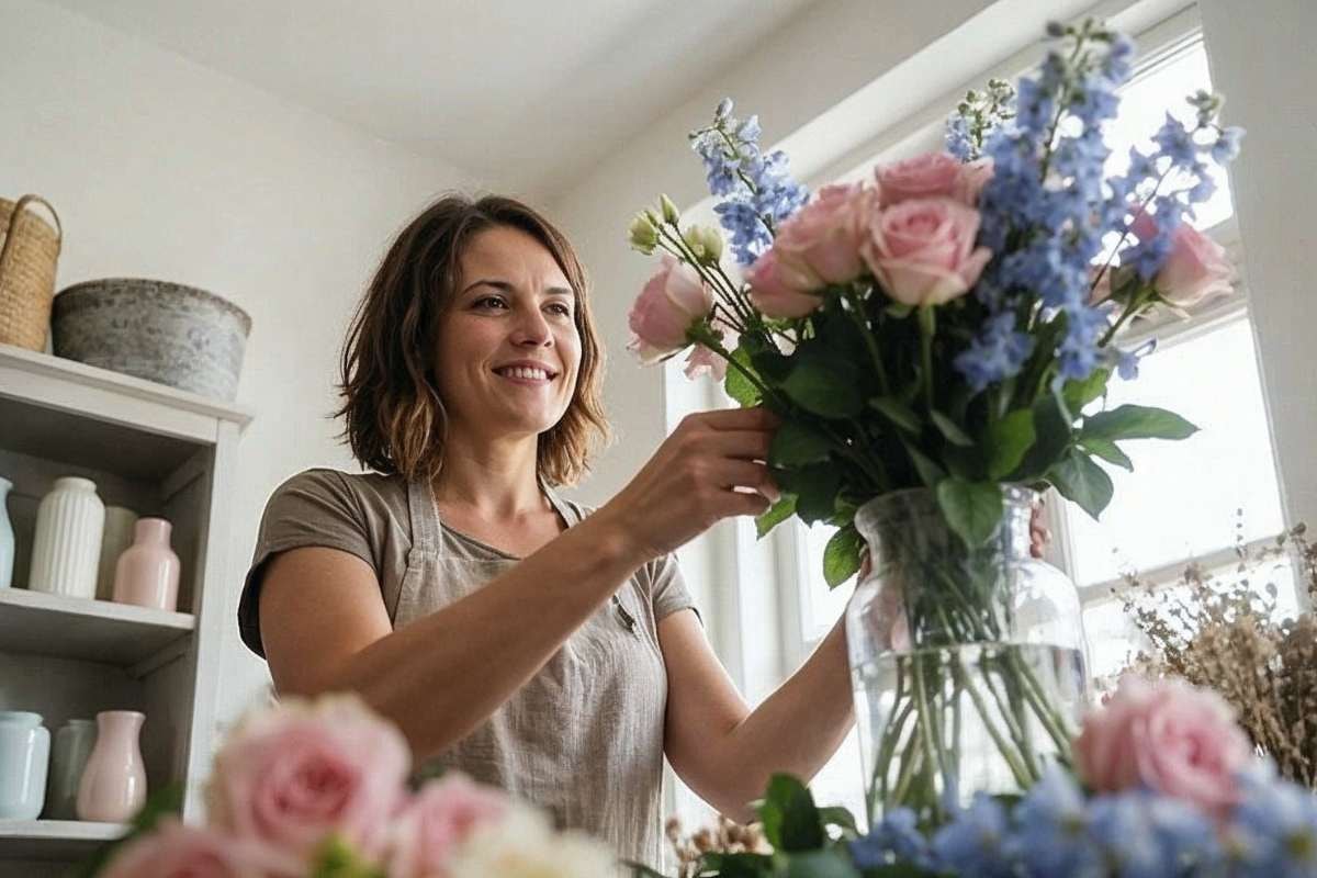 Florist lifting and adjusting a bouquet in a clear glass vase near a window, highlighting fresh roses, foliage, and soft natural light.