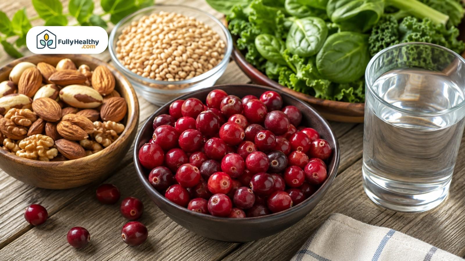 Fresh cranberries with nuts, grains, leafy greens, and water on rustic table