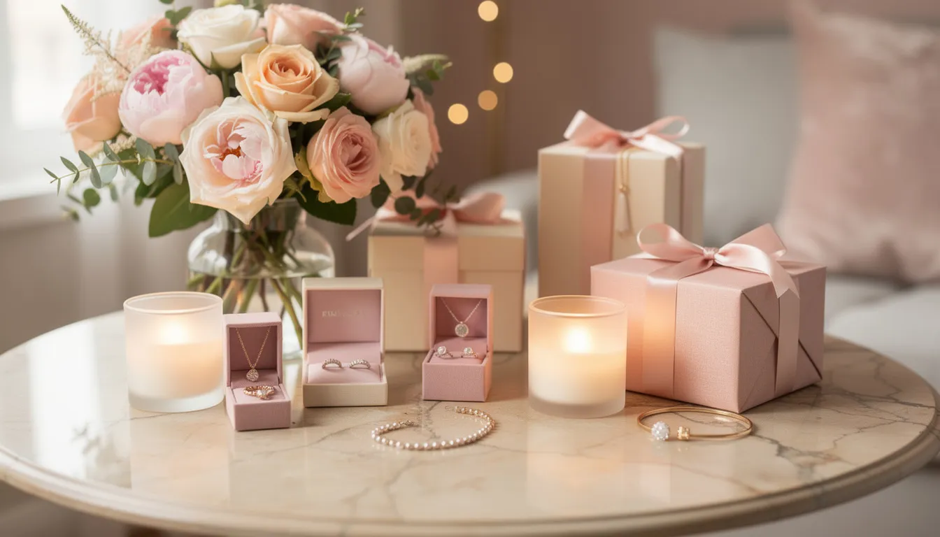 A beautifully arranged collection of Mother's Day gifts is displayed on an elegant table, featuring vibrant flowers, stylish jewellery, scented candles, and wrapped presents, all perfect for treating mum on this special occasion. This assortment provides inspiration for the best Mother's Day gifts to cherish and celebrate the love of mothers everywhere.