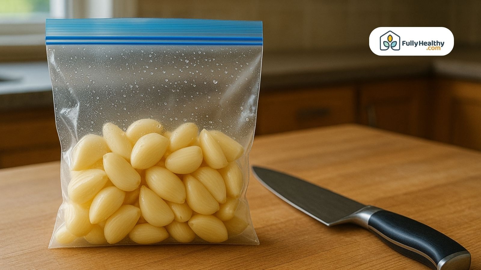 Peeled garlic cloves in a freezer bag beside a kitchen knife.