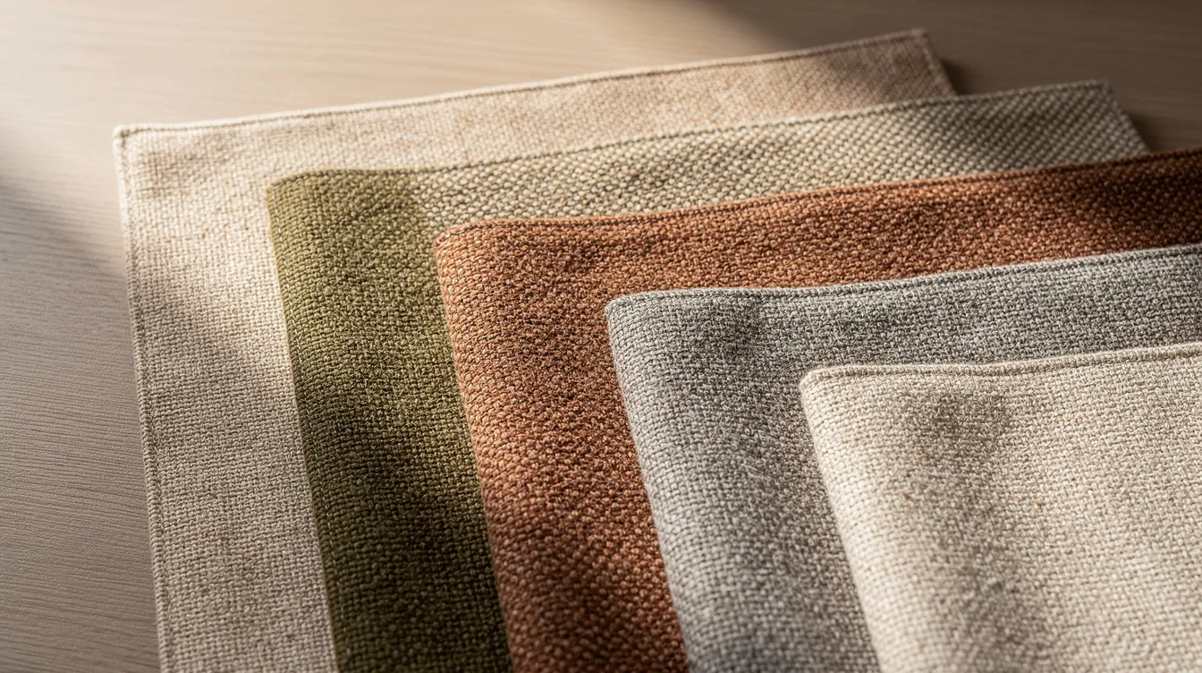 Närbild på olika sofftygprover i jordnära färger som visar en variation av material och texturer, perfekt för att välja rätt soffa till ditt hem. Dessa tyger passar bra in i olika inredningsstilar och erbjuder både komfort och kvalitet.
