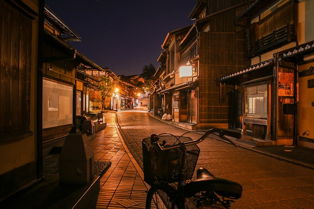 calle, bicicleta, noche, kyoto