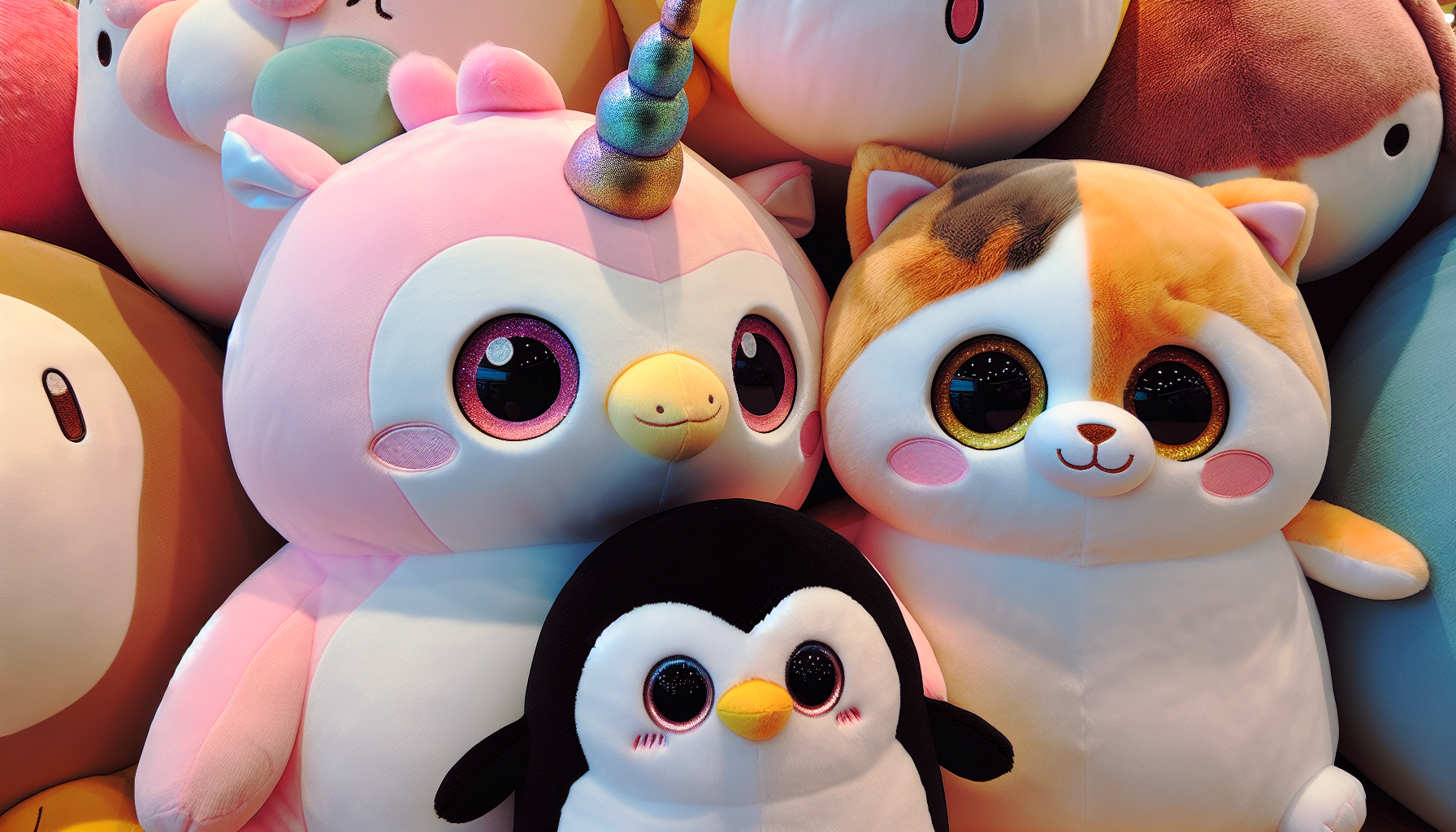 Oversized animal plushies, such as unicorns, penguins, and cats