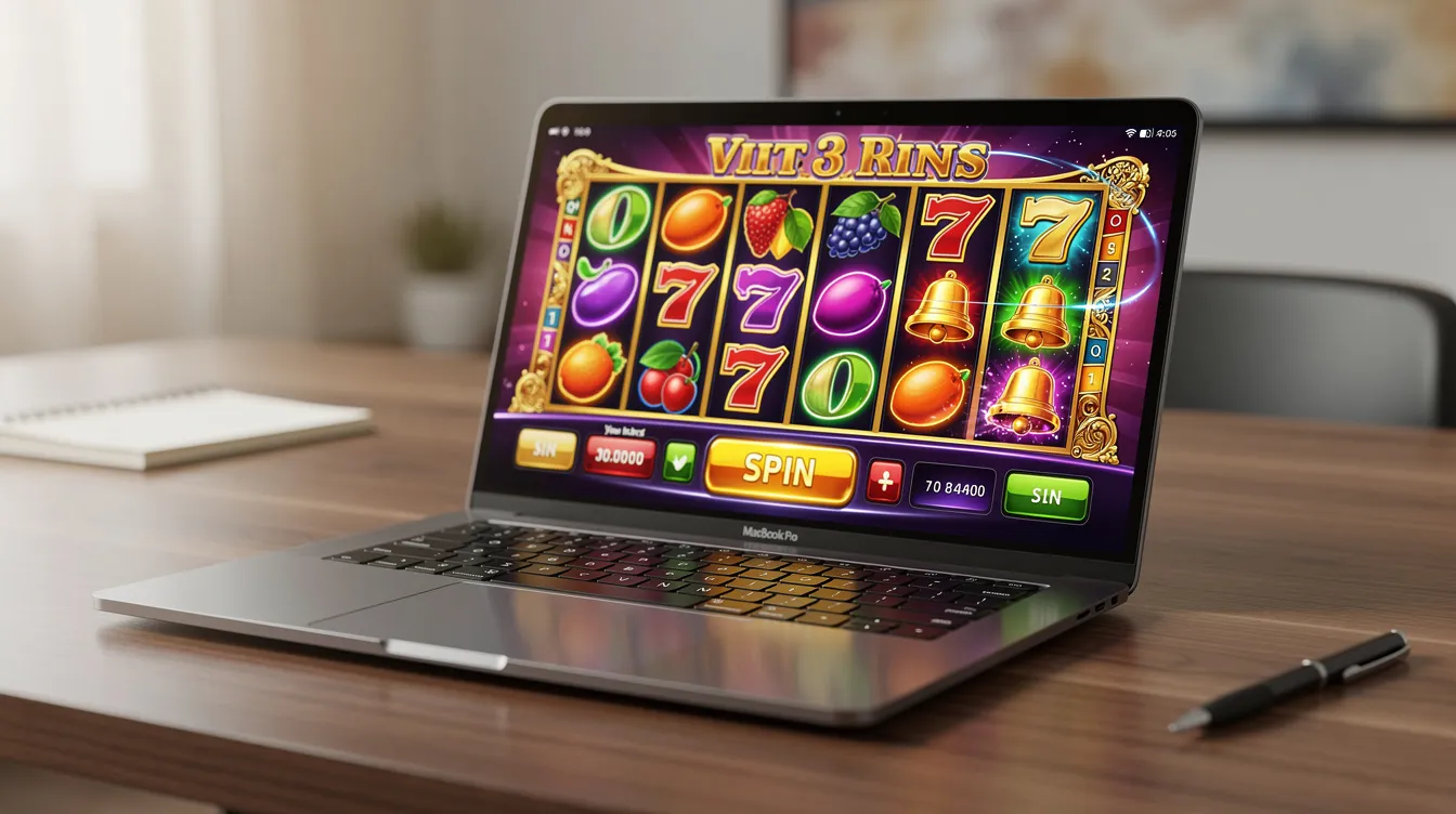 The image shows a laptop on a desk, displaying a vibrant slot machine game with colorful graphics. This scene reflects the excitement of online casinos, particularly non gamstop sites, where players can enjoy a variety of casino games.