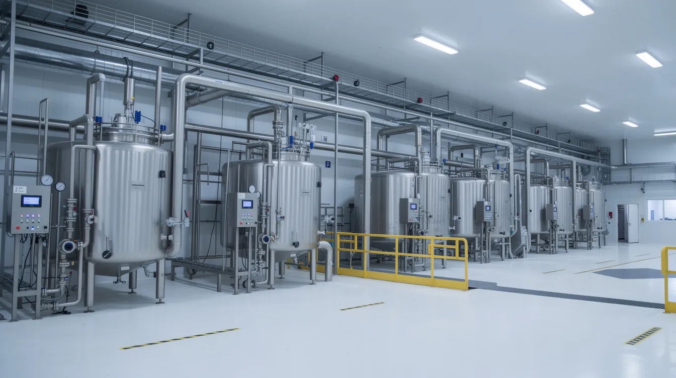 2bffdd08 d88e 42db a041 495d6deff524 The image depicts the interior of a modern dairy processing facility, featuring gleaming stainless steel tanks and intricate piping systems designed for efficient milk processing. This advanced setup highlights the technological aspects of the dairy industry, essential for milk production and processing.