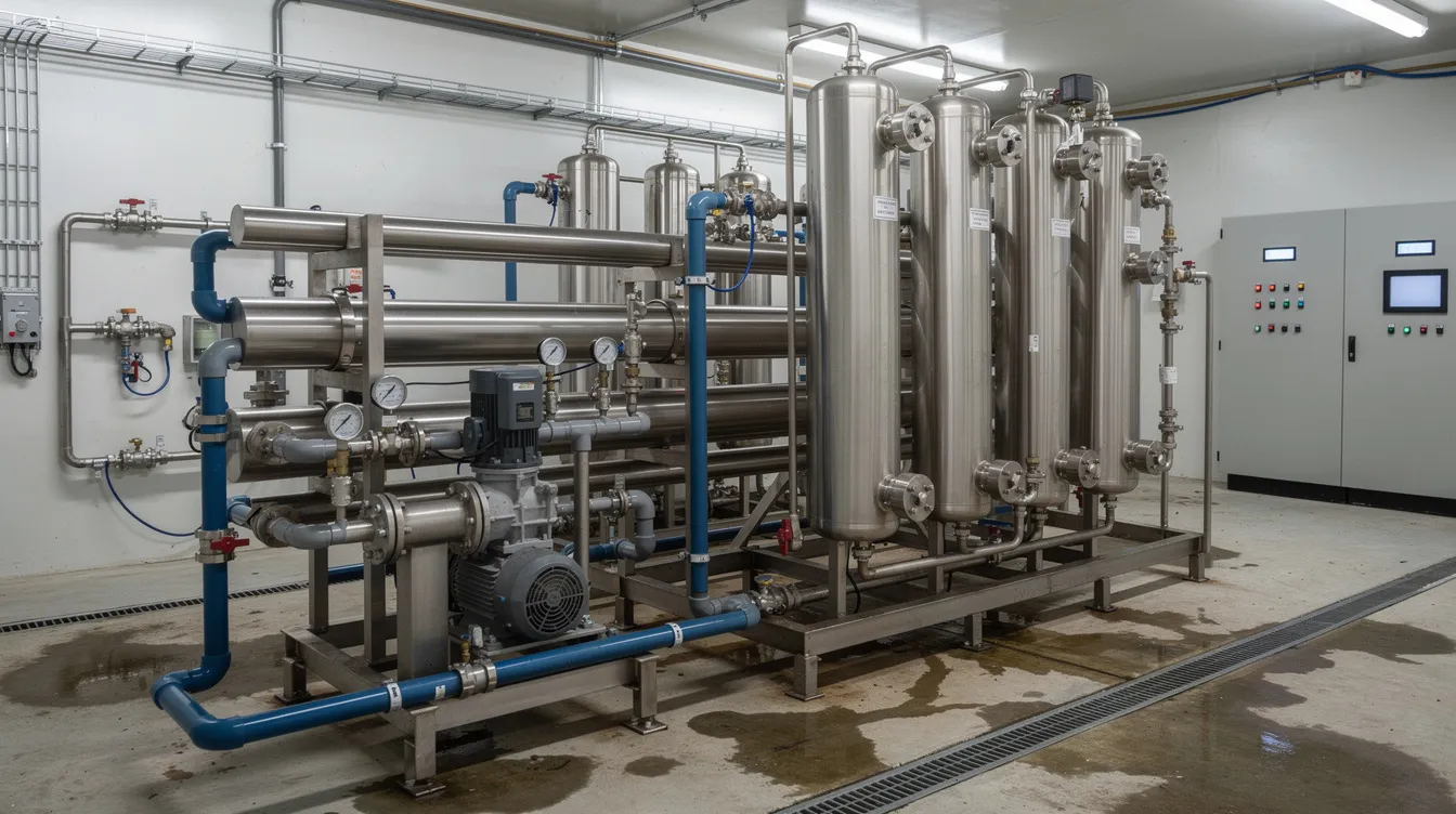 The image depicts a realistic reverse osmosis skid system, showcasing its primary components such as high pressure pumps, storage tanks, and pressure gauges. This advanced water treatment technology is designed for efficient operation, ensuring consistent water quality by effectively removing harmful contaminants and dissolved solids through the filtration process.