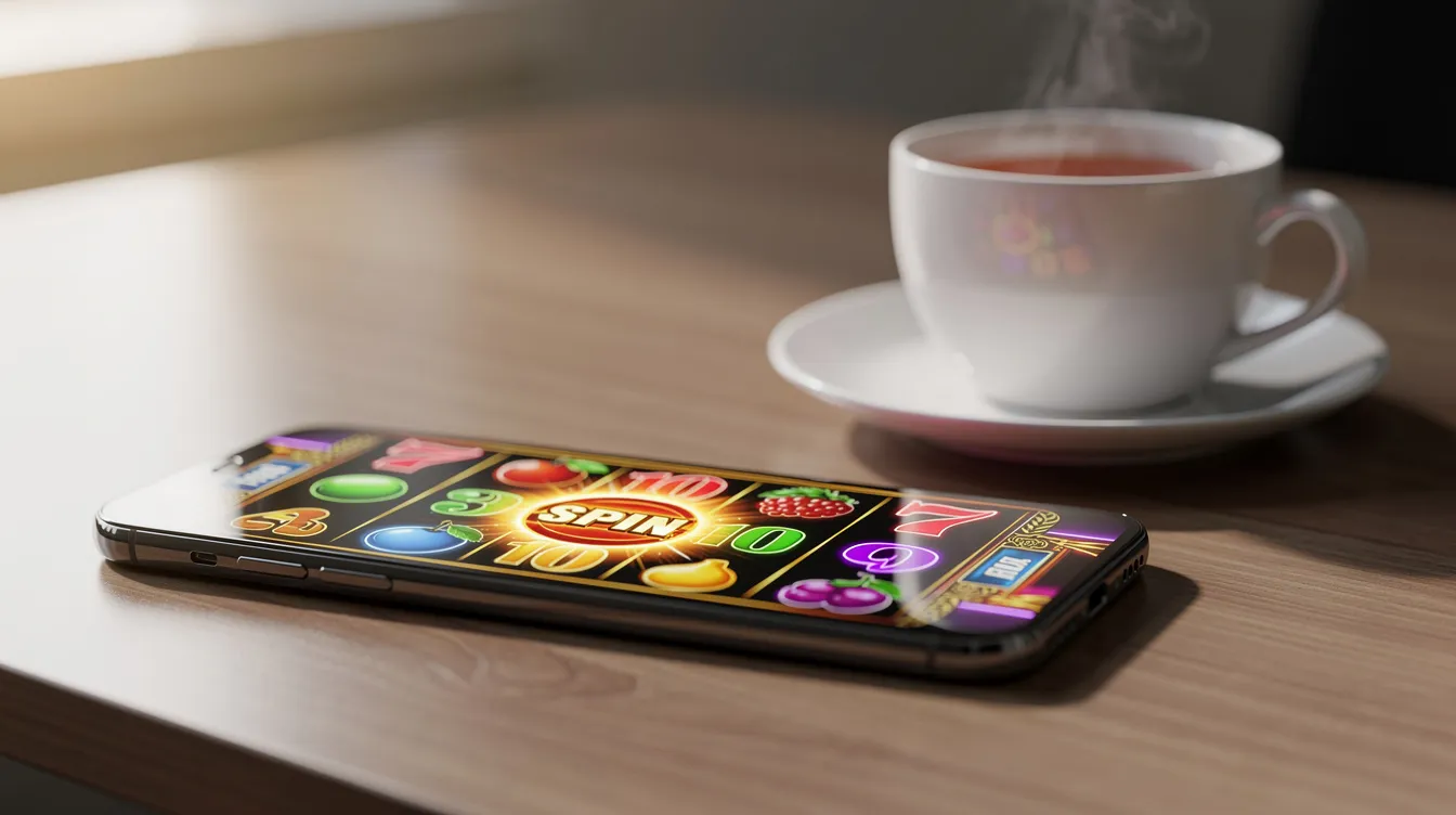 The image shows a smartphone displaying a vibrant casino slot game, with a steaming cup of tea placed next to it on a wooden desk. This scene suggests a cozy gaming experience, possibly involving online casinos or non gamstop casino sites.