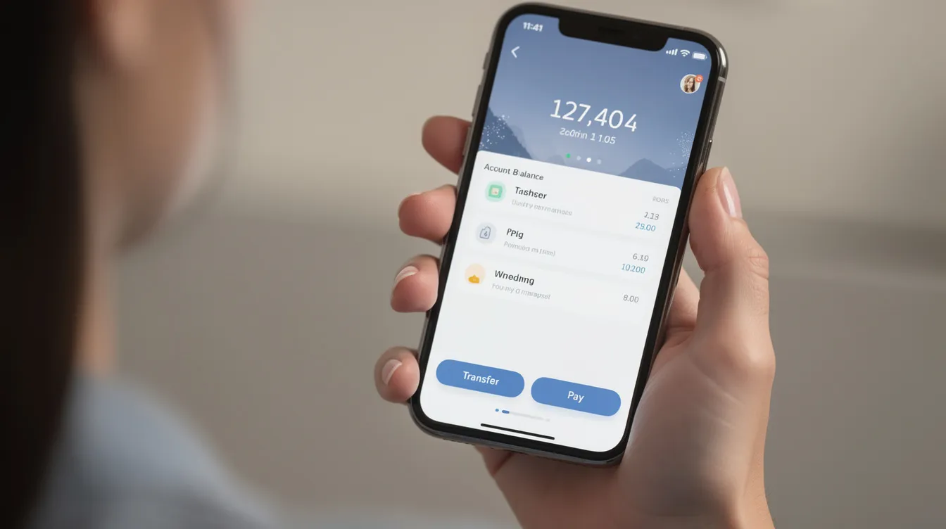A close-up image shows a person holding a smartphone that displays a mobile banking application, featuring various options for managing bank accounts, transferring money, and accessing information messages related to banking services. The screen includes fields for entering details like the bank state branch number and account number for financial transactions.