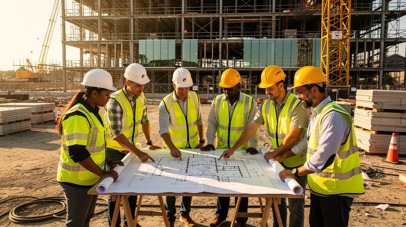 Construction workers reviewing plans on a commercial jobsite.