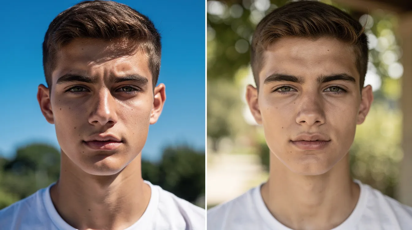The image features two outdoor portraits side by side: one shot in bright midday sunlight, creating strong shadows, and the other in soft open shade, providing even lighting. This comparison highlights the impact of lighting conditions on portrait photography, particularly when using polaroid cameras for capturing moments.