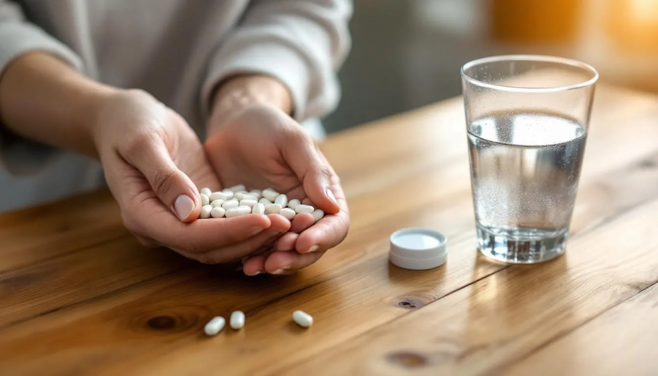 A pair of hands is holding magnesium supplement capsules, with a glass of water placed on a wooden table nearby. This image highlights the importance of magnesium intake for overall health, including benefits for muscle function and improved sleep quality.