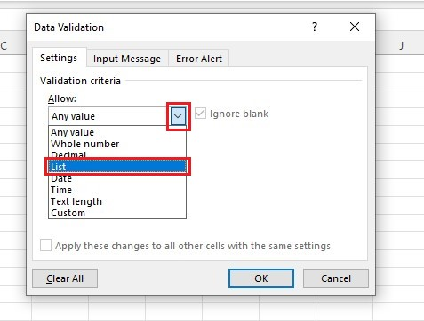 Click the allow drop-down and choose list in the data validation dialog box.  
