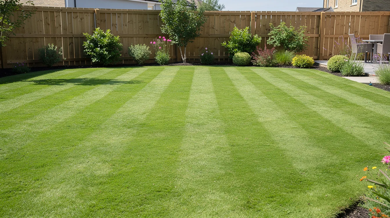A neatly mowed green lawn showcases distinct mowing stripes under the bright sun in a back garden, reflecting the results of regular lawn care and maintenance. The vibrant grass indicates healthy soil and proper watering, creating a lush green space ideal for outdoor enjoyment.