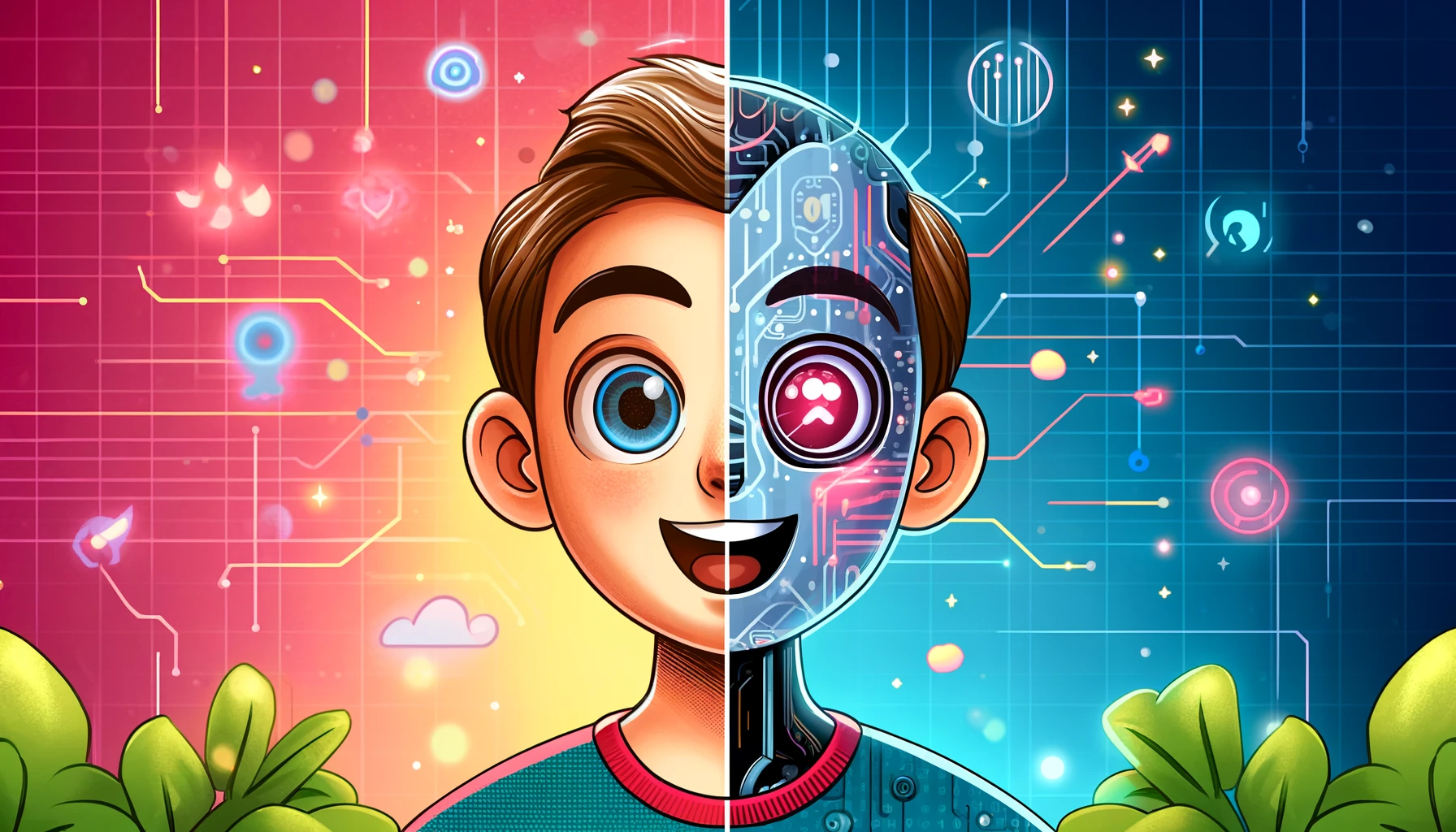 A horizontal image depicting a cartoon character morphing into an AI. One half of the cartoon character's face is animated, while the other half transitions into a digital or robotic form, with circuit patterns, digital effects, and glowing lines emphasizing the transformation. The background is playful and futuristic, blending the whimsical nature of the cartoon with the advanced aspects of AI technology.