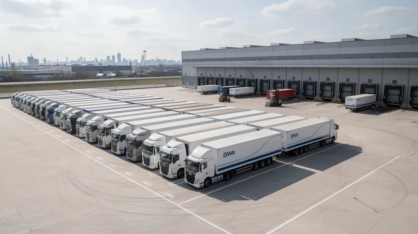 A fleet of commercial trucks is parked at a logistics depot, showcasing various vehicles equipped with truck dash cams for enhanced security. These cameras are designed to capture clear video evidence of incidents, ensuring drivers have peace of mind while their vehicles are stored.
