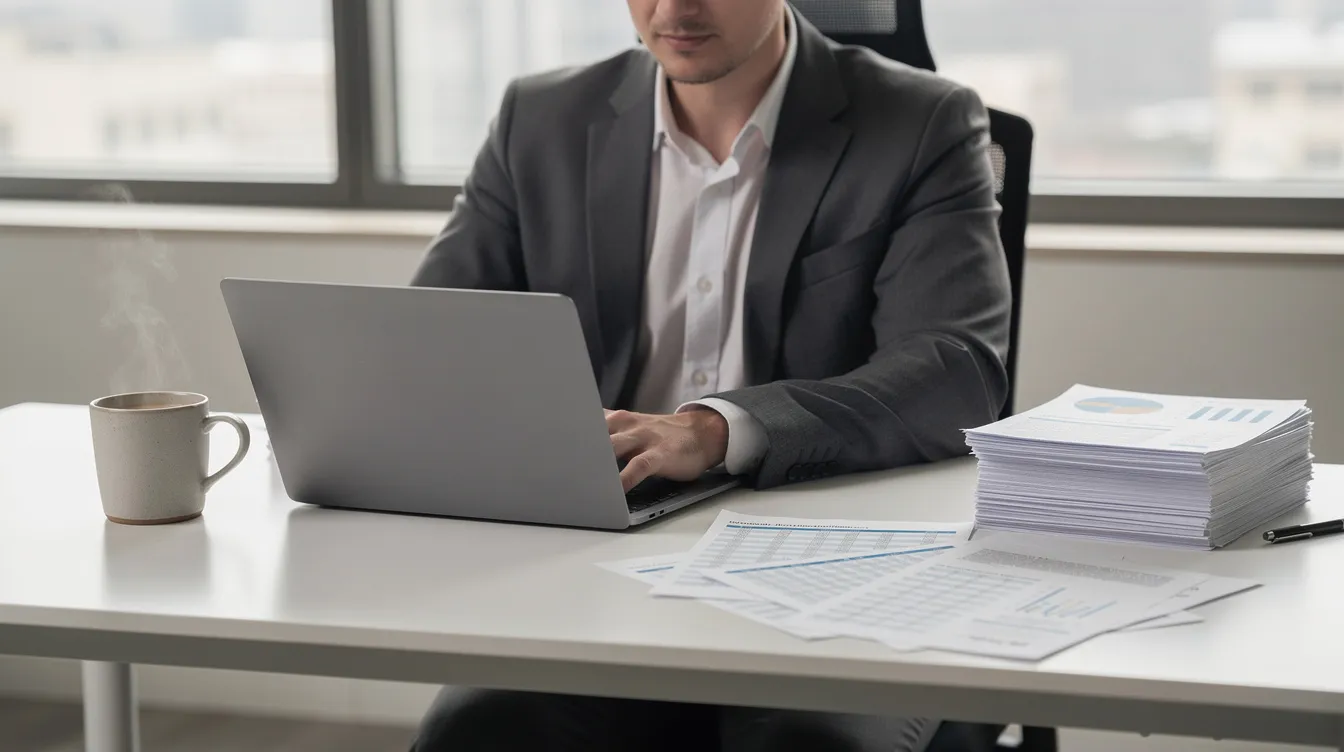 The image shows a person seated at a desk, focused on a laptop surrounded by a stack of financial documents, with a coffee mug nearby. This setting suggests they may be reviewing their financial situation, potentially considering options like a home equity loan or a line of credit for debt consolidation.