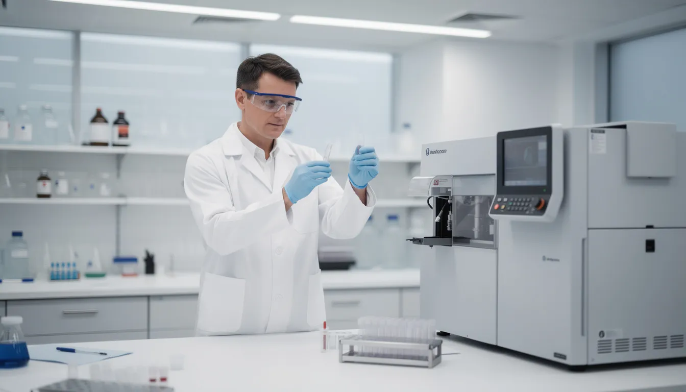 A laboratory technician in a white coat is carefully examining samples using advanced analytical equipment in a clean, modern laboratory. The setting emphasizes the importance of quality and transparency in testing nmn products, ensuring that consumers are protected from fake supplements and adulterated products.