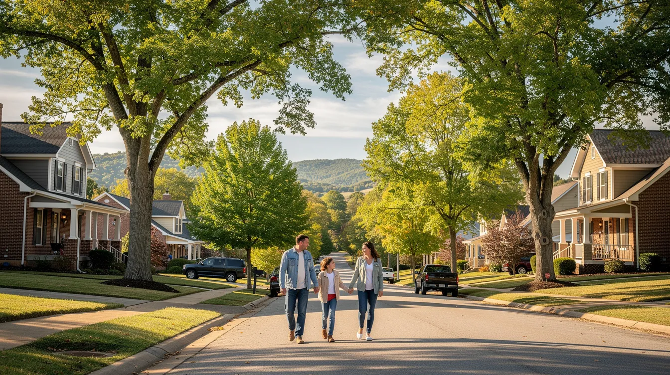 A family of four walks together along a tree-lined street in a charming Northwest Arkansas neighborhood, enjoying quality time and discussing their financial affairs and estate planning. The scene captures a moment of connection amidst the backdrop of their community, emphasizing the importance of planning for the future, including considerations for minor children and estate assets.