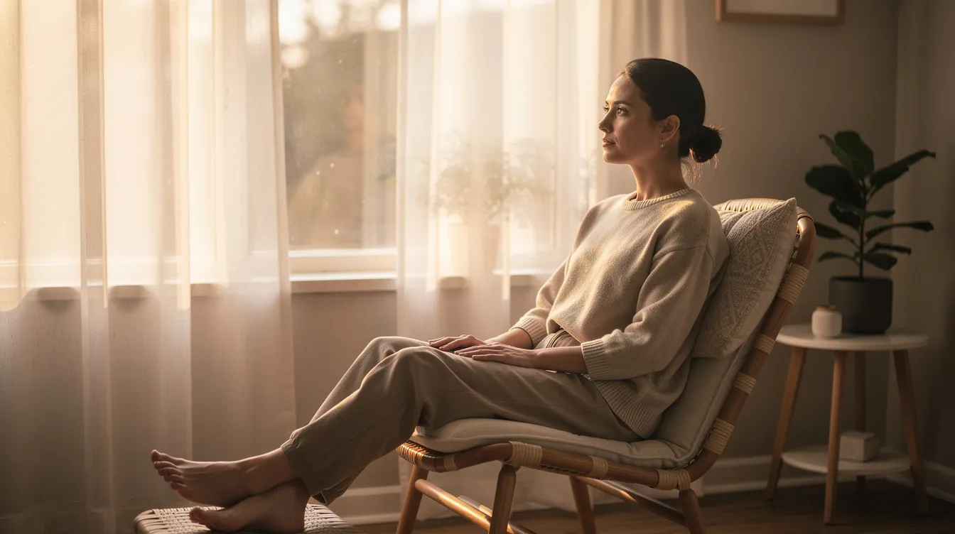 A person sits comfortably near a window, bathed in soft light, embodying a gentle and supported posture that reflects self-compassion and awareness. This serene setting invites contemplation on emotional experiences, such as feelings of shame and the journey towards healing and self-esteem.