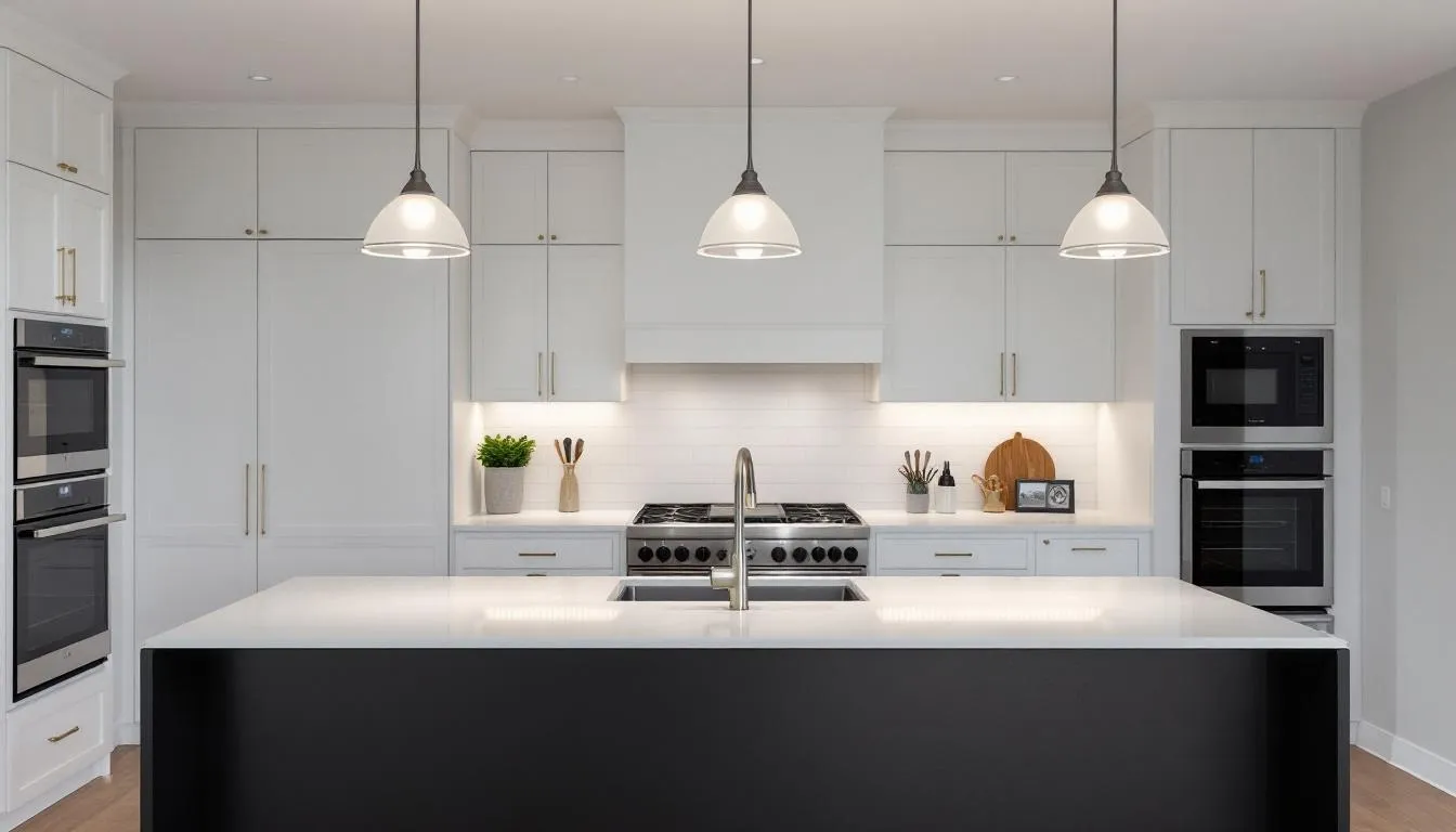 The image features a modern kitchen with a striking kitchen island painted in Sherwin Williams Tricorn Black, complemented by pure white perimeter cabinets and stylish pendant lighting. Natural light enhances the sleek design, creating a sophisticated atmosphere with a bold contrast between the dark and light colors.