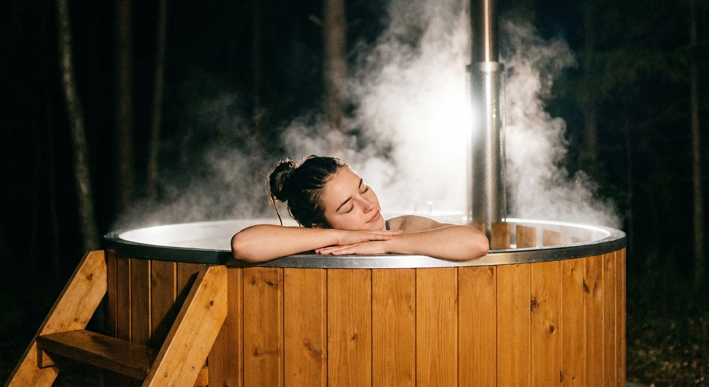 Czy balia jest zdrowa? Na zdjęciu kobieta podczas kąpieli w balii ogrodowej.