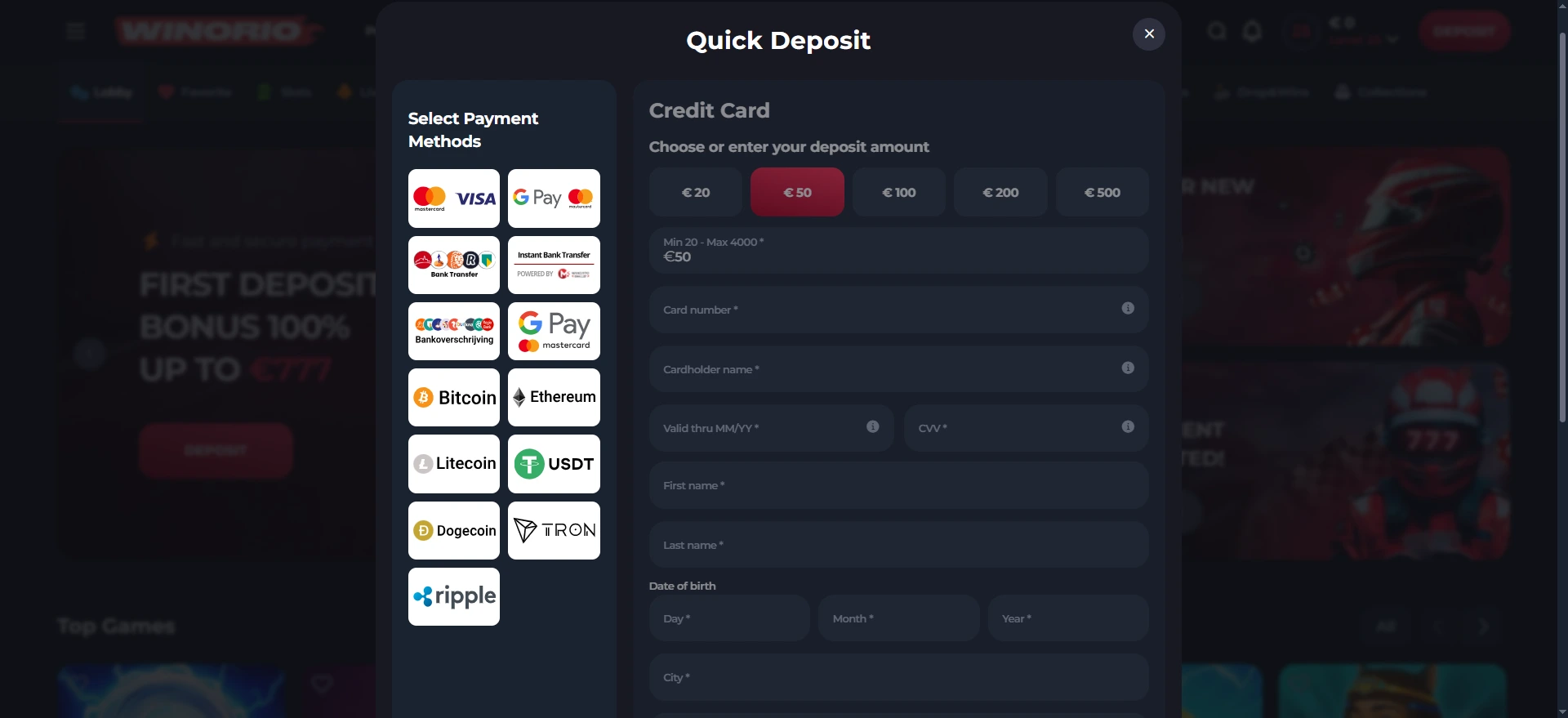 Winorio casino deposit page