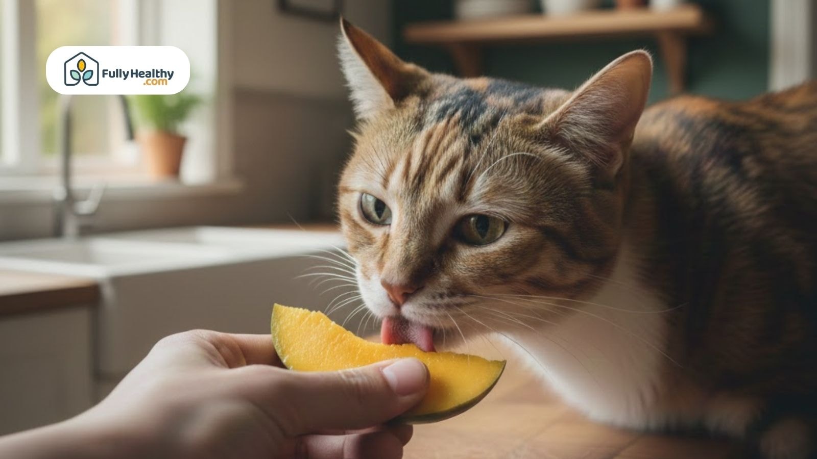 Cat licking a slice of fresh mango held by a person in a bright kitchen.