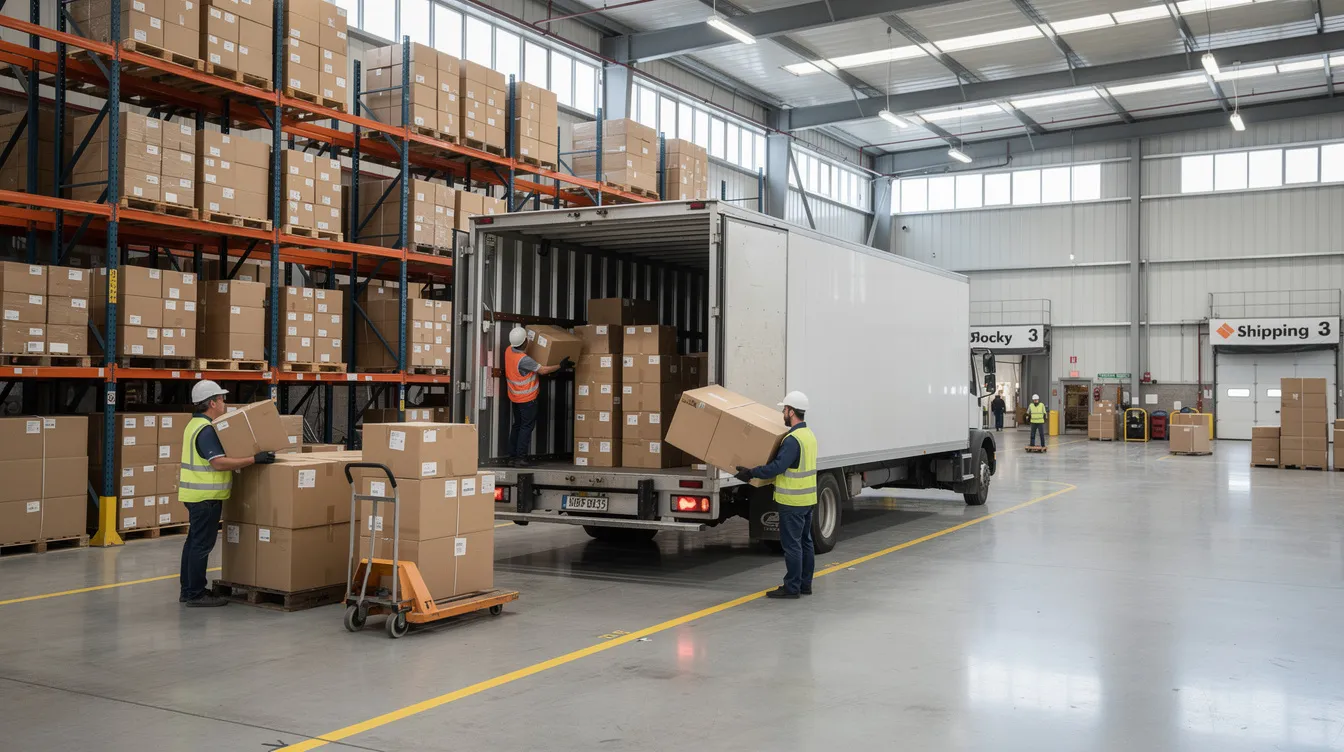The image depicts a bustling shipping dock where workers are efficiently loading labeled cardboard boxes onto a delivery truck, showcasing an organized warehouse setting that highlights effective inventory management practices. This scene illustrates the importance of streamlined operations and inventory tracking in maintaining optimal stock levels for businesses.