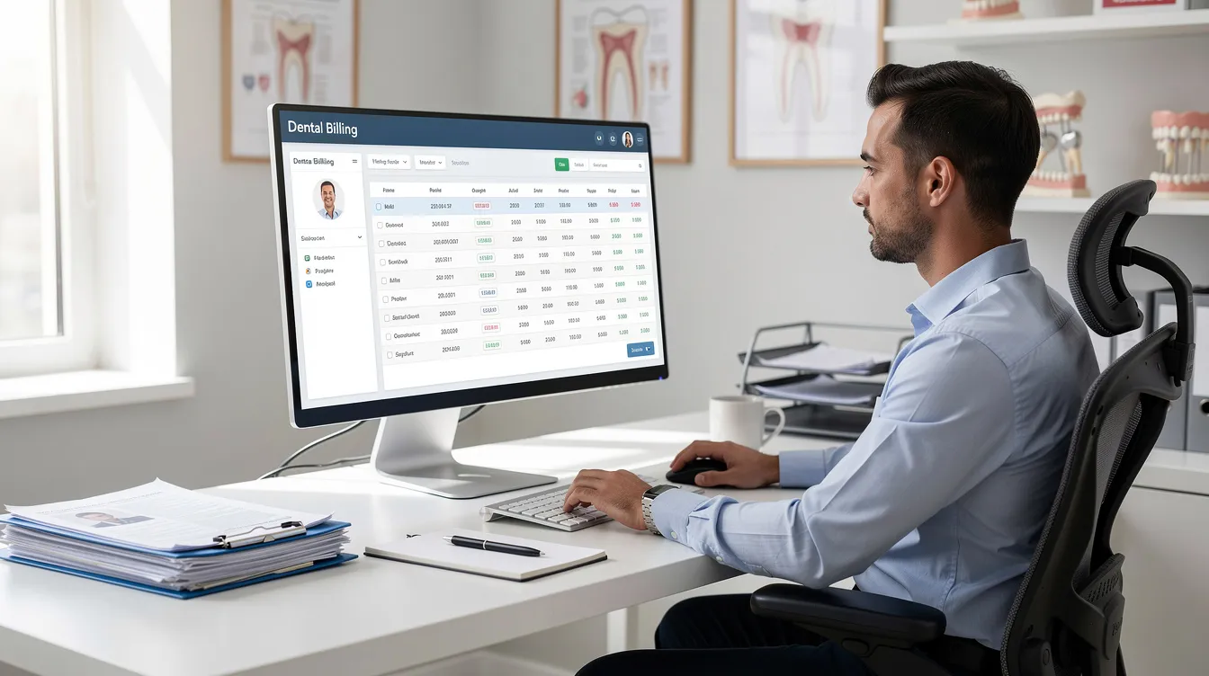 A person is seated at a desk using dental billing software, focusing on managing insurance claims and reviewing the insurance aging report, which includes details about outstanding claims and past due accounts for their dental practice. The screen displays various patient names, insurance carriers, and payment statuses, emphasizing the importance of cash flow and effective claims processing.