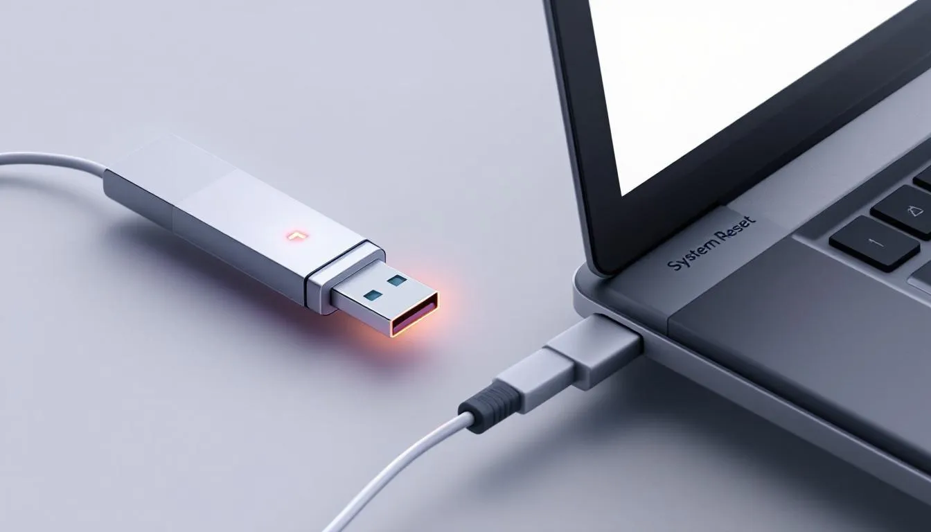 Une cl&eacute; USB ins&eacute;r&eacute;e dans un ordinateur, pr&ecirc;te pour une r&eacute;initialisation du syst&egrave;me.