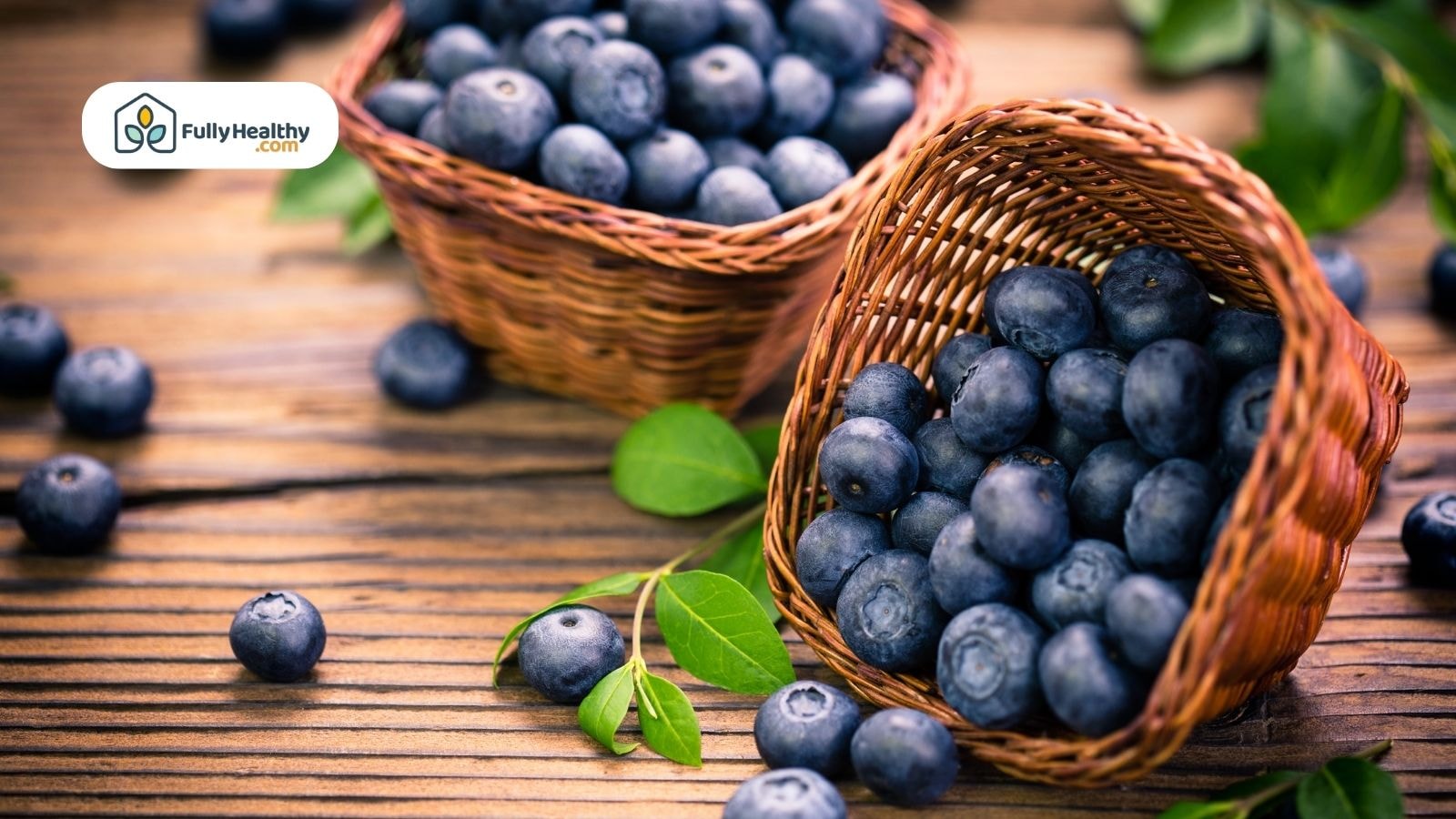 Woven baskets filled with fresh blueberries on a rustic table